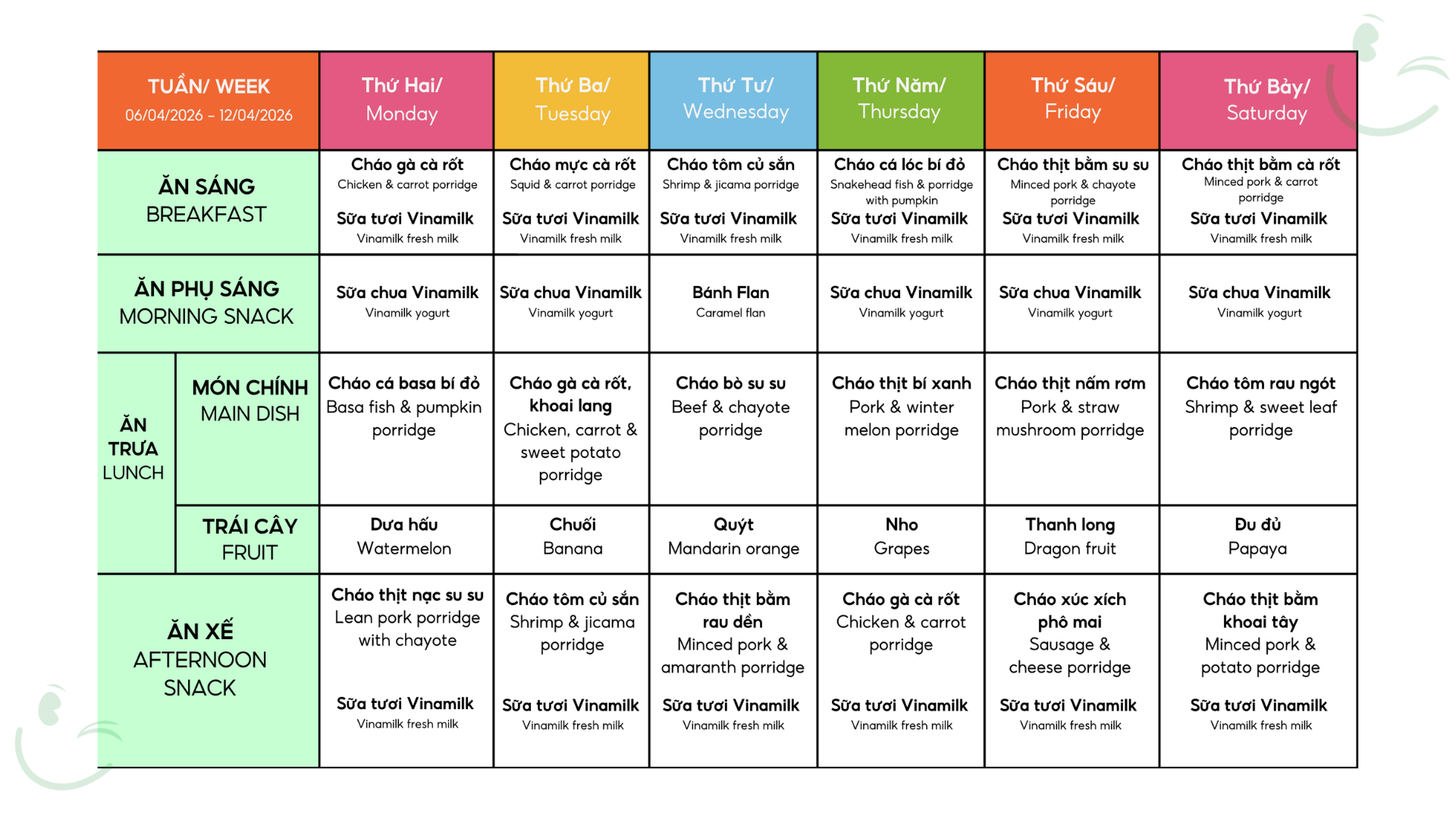 thực đơn của con tại trường